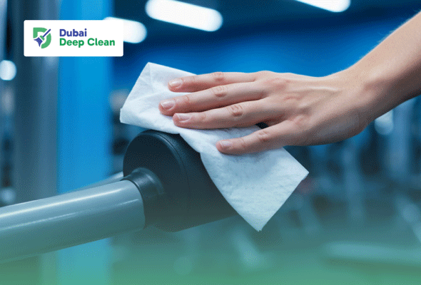 A close-up of a person's hand using a white sanitizing wipe to thoroughly clean and disinfect the handle of a gym exercise machine.