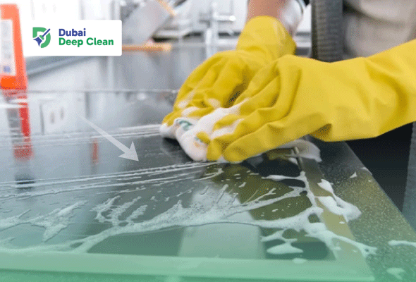 A cleaning professional wearing yellow industrial-grade gloves scrubbing a soapy glass stovetop to remove grease and stains in a modern kitchen.