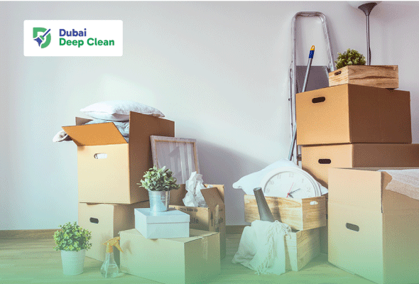 A room filled with packed cardboard moving boxes, a clock, and plants, prepared for a professional move-in deep cleaning service in a new apartment.